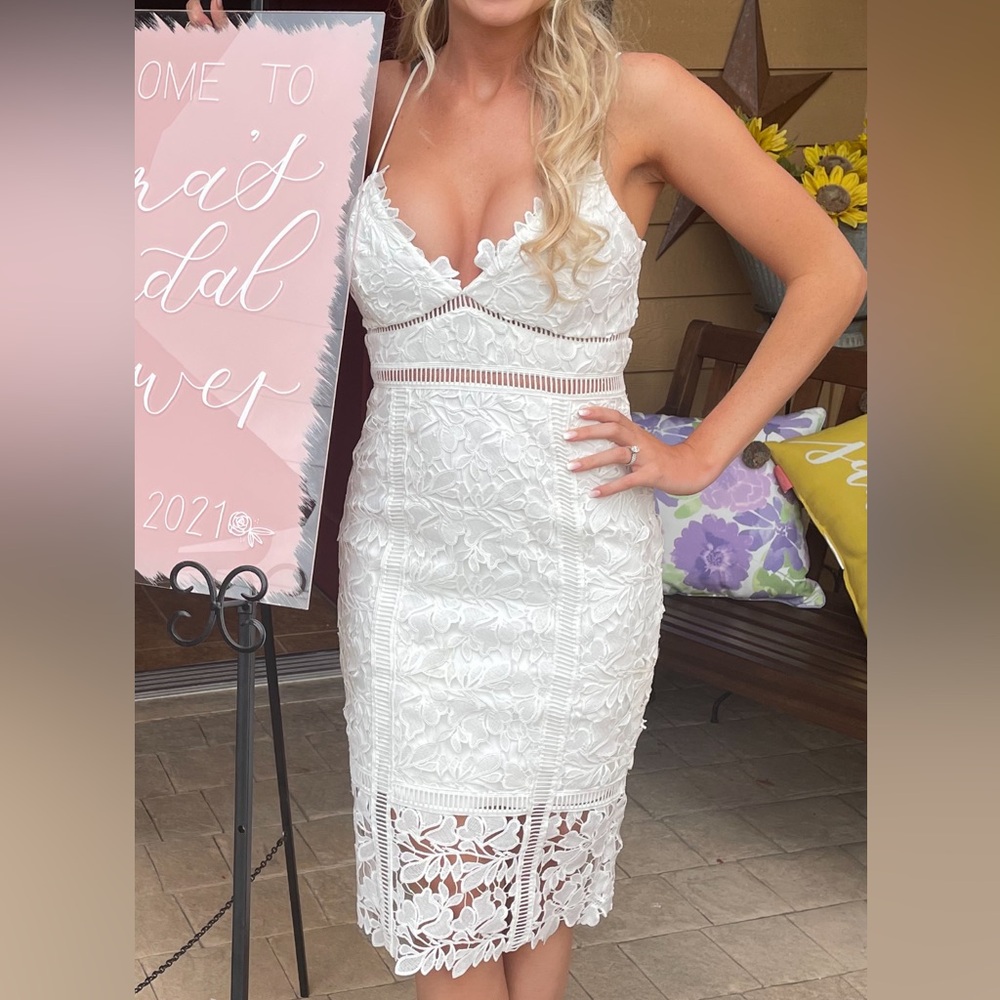 Bardot bridal cutout lace midi dress